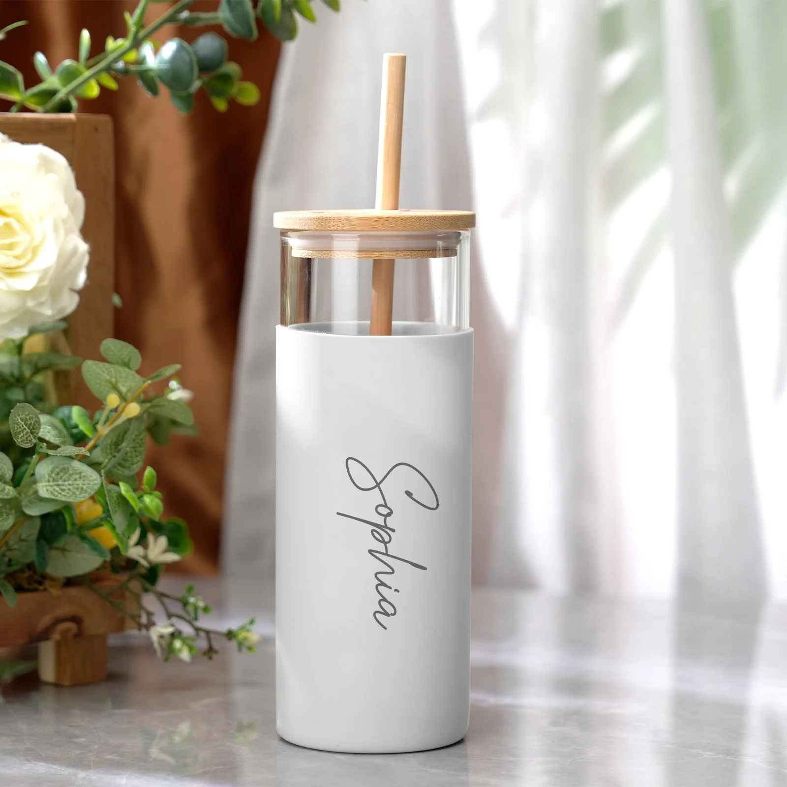 Personalized Glass Tumbler | 17oz Coffee Tumbler with Wood Lid
