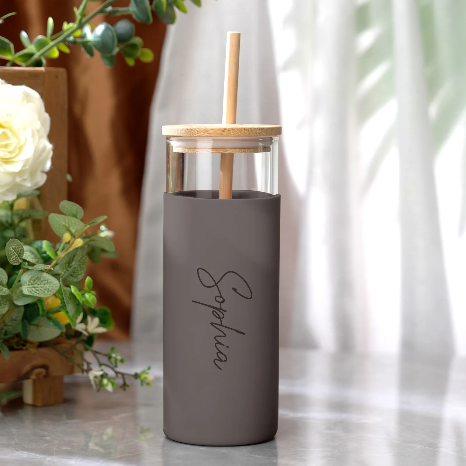 Personalized Glass Tumbler | 17oz Coffee Tumbler with Wood Lid - Image 2